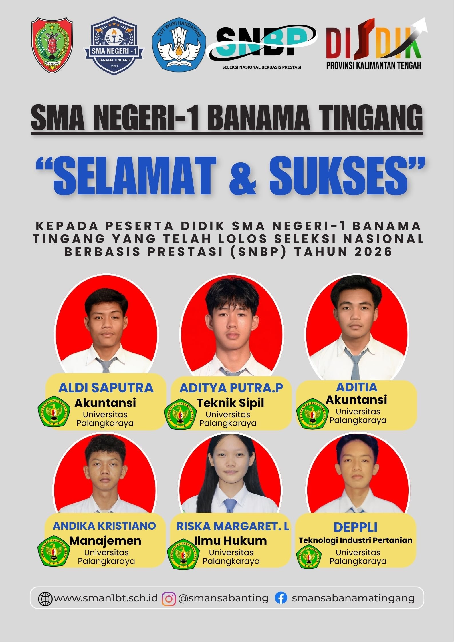 Selamat dan Sukses ! 6 Peserta Didik SMA Negeri-1 Banama Tingang  Lolos SNBP 2026.